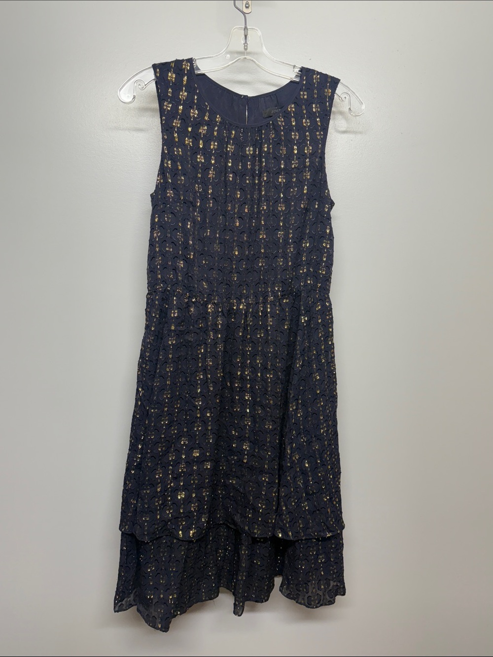 J. Crew Silk Layered Navy Midi Dress with Gold Accent Detail